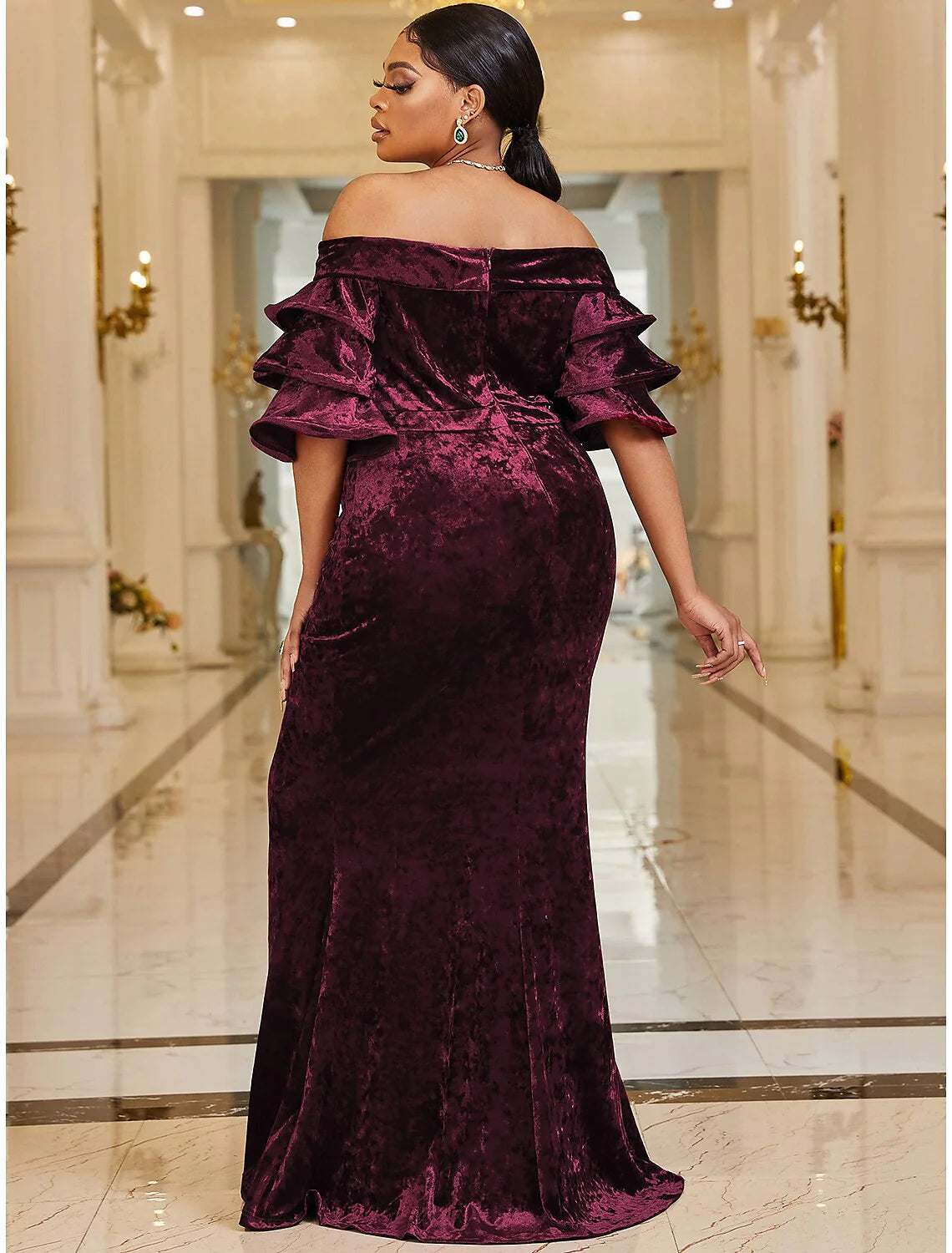 Mermaid / Trumpet Wedding Guest Dresses Plus Size Dress Cocktail Party Sweep / Brush Train Half Sleeve Off Shoulder Velvet with Ruffles