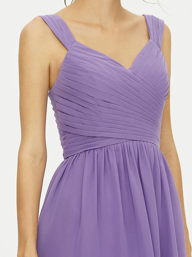 A-Line Bridesmaid Dress Straps Sleeveless Open Back Knee Length Chiffon with Sash / Ribbon / Bow(s) / Criss Cross