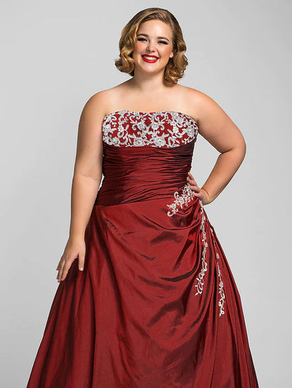 Ball Gown Plus Size Prom Formal Evening Dress Strapless Sleeveless Floor Length Taffeta with Beading Appliques