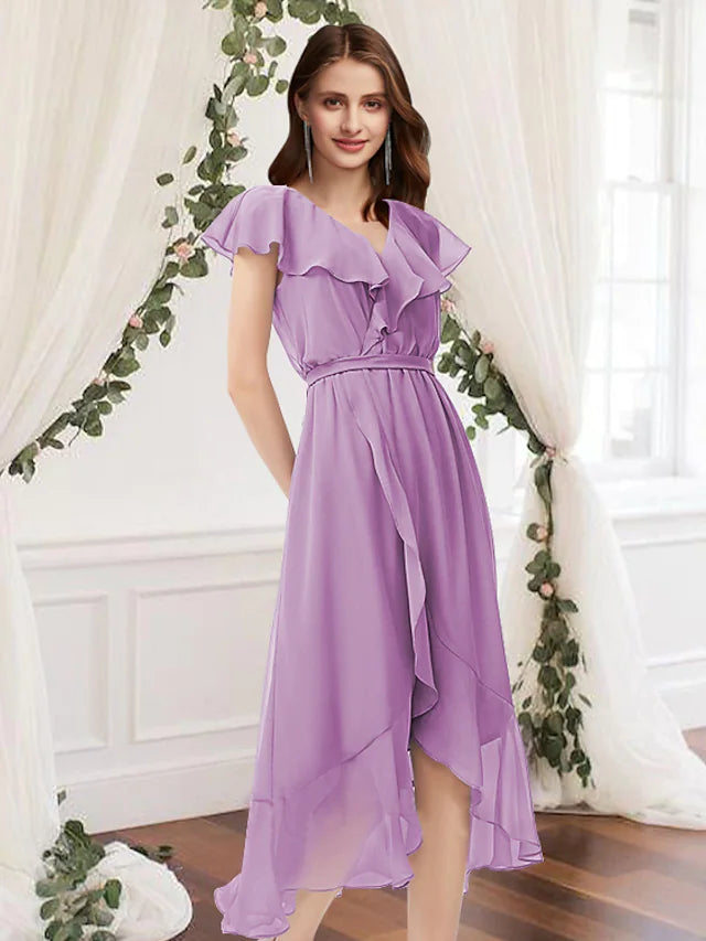 A-Line Bridesmaid Dress V Neck Sleeveless Elegant Asymmetrical Chiffon with Pleats Ruffles