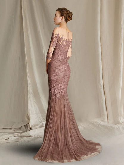 Mermaid / Trumpet Mother of the Bride Dress Elegant Jewel Neck Sweep / Brush Train Lace Tulle Half Sleeve with Appliques