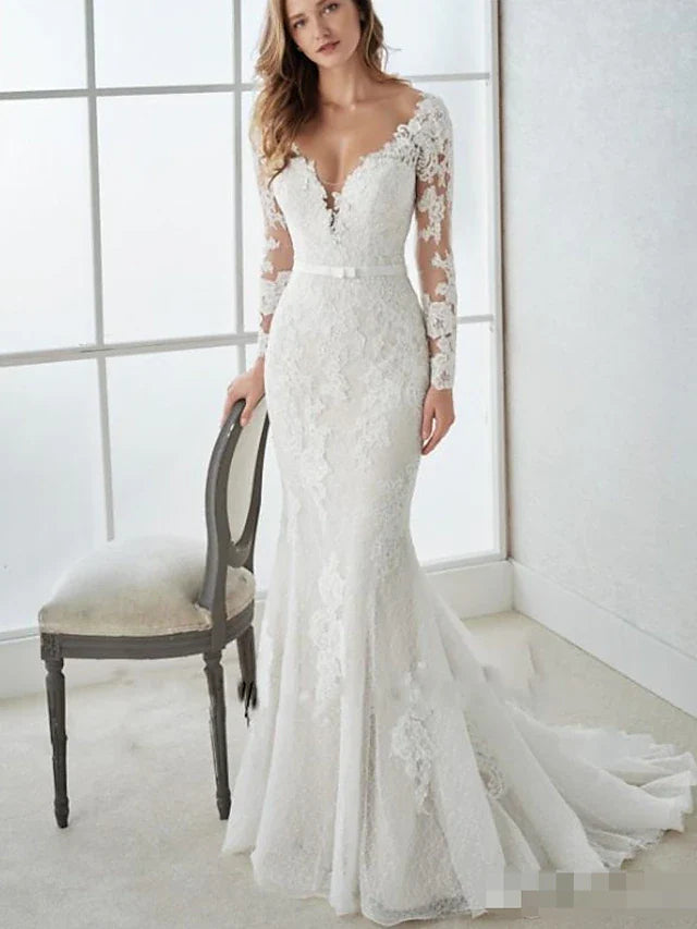 Mermaid / Trumpet Open Back Formal Wedding Dresses Sweep / Brush Train Long Sleeve V Neck With Lace