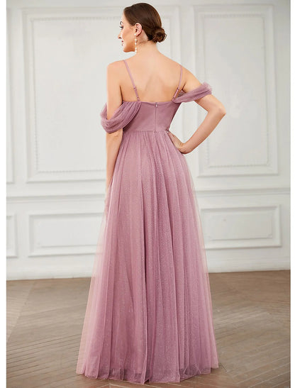 A-Line Prom Dresses Elegant Dress Wedding Guest Floor Length Sleeveless V Neck Tulle with Pleats