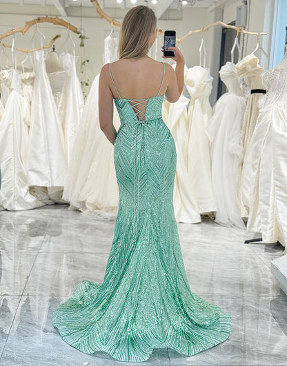 Glitter Mermaid Long Spaghetti Strap Sequins Prom Dress With Slit