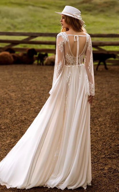 A-Line Boho Lace Wedding Dress with Sleeves Plunging Neckline Sweep Train