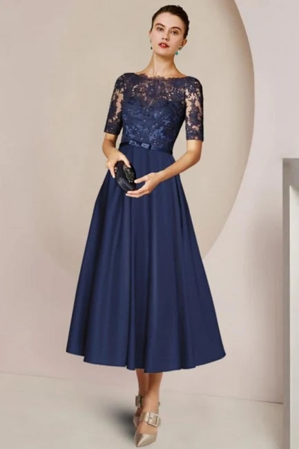 A-line Lace Tea length Mother of The Bride Dresses with Sleeves