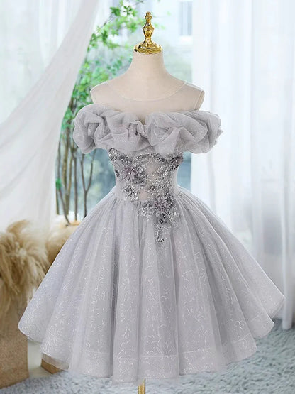 A-Line Scoop Neckline Off Shoulder Tulle Gray Mini Dress Prom Dress With Lace Beads