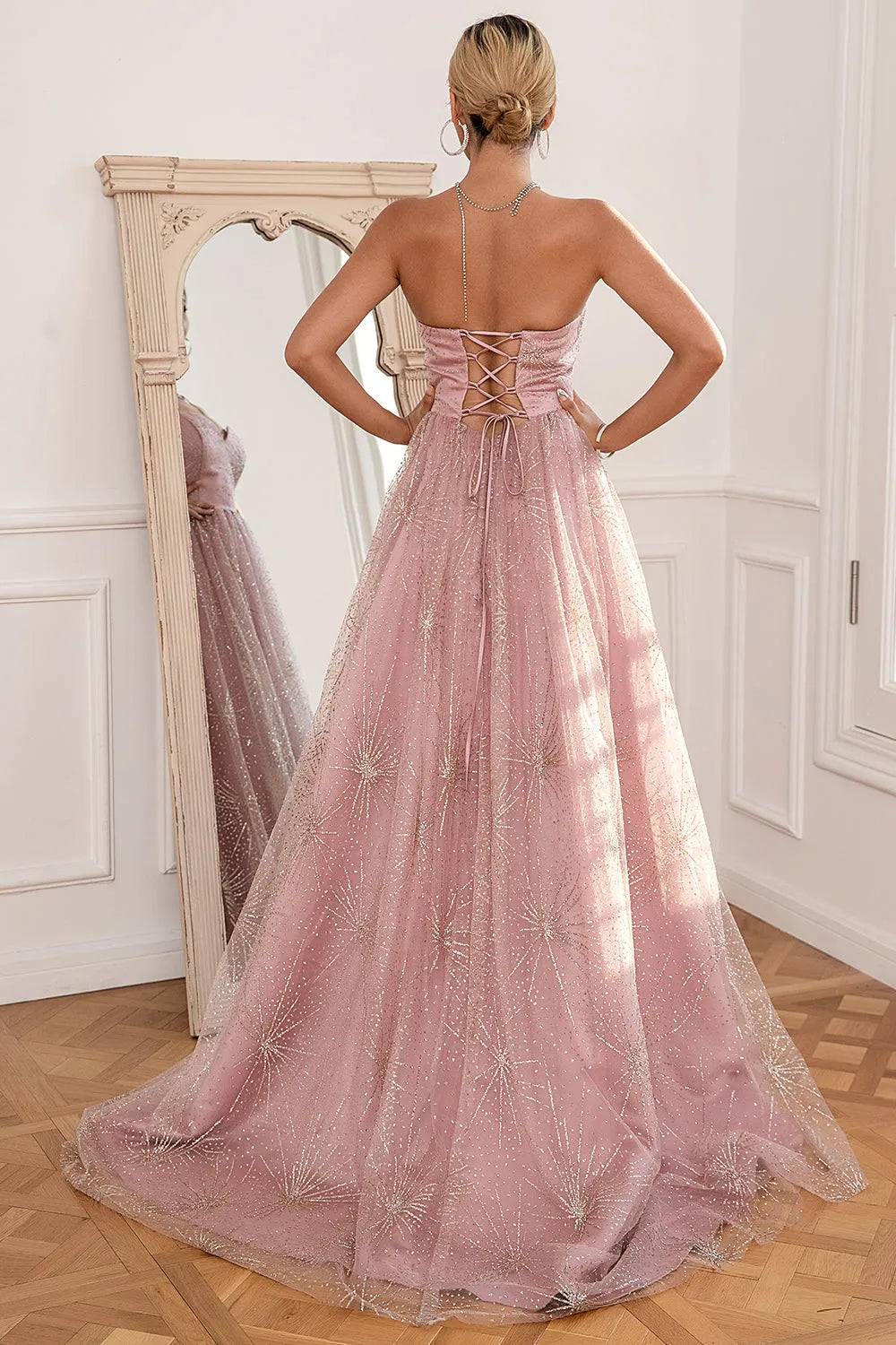 A-Line Princess Glitter Blush Sweetheart Neck Long Prom Dress Wedding Guest Dresses with Slit