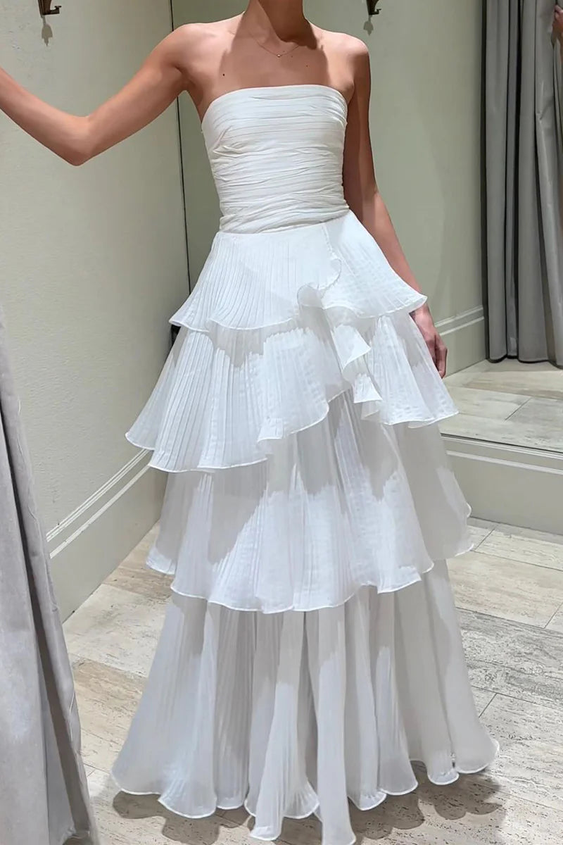 White Long Prom Dress Cute A-Line Srapless Tiered Wedding Dresses