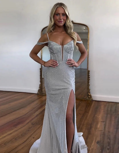 Grey Beaded Mermaid Long Prom Dress With Slit