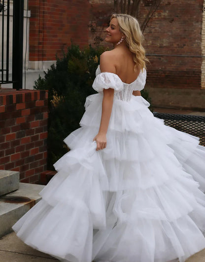 White A-Line Princess Strapless Puffy Sleeves Tiered Prom Dress With Slit