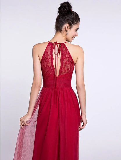 Sheath / Column Bridesmaid Dress Halter Neck Sleeveless See Through Ankle Length Lace / Tulle with Lace