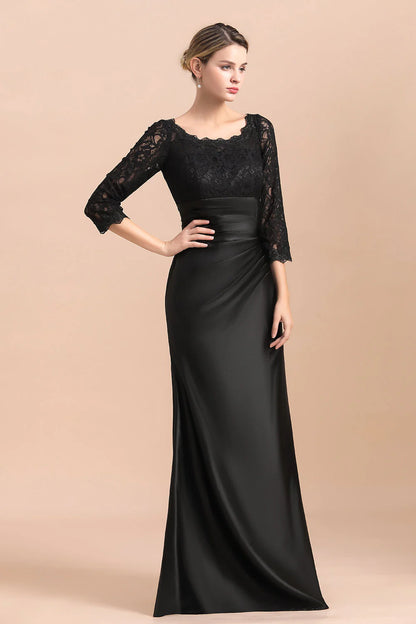 Elegant Jewel 3/4 Sleeves Black Satin Floor-length Lace Ruffles Mother of Bride Dress