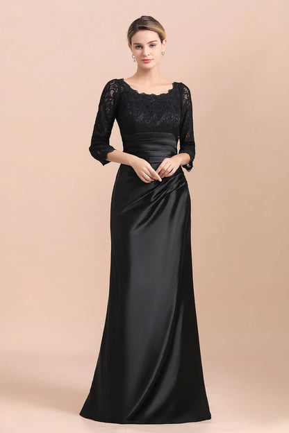 Elegant Jewel 3/4 Sleeves Black Satin Floor-length Lace Ruffles Mother of Bride Dress