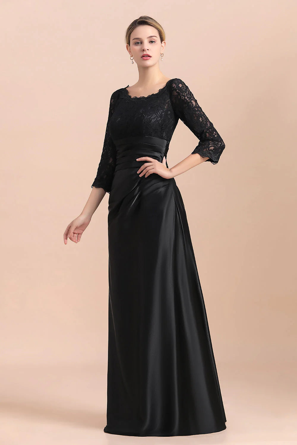 Elegant Jewel 3/4 Sleeves Black Satin Floor-length Lace Ruffles Mother of Bride Dress