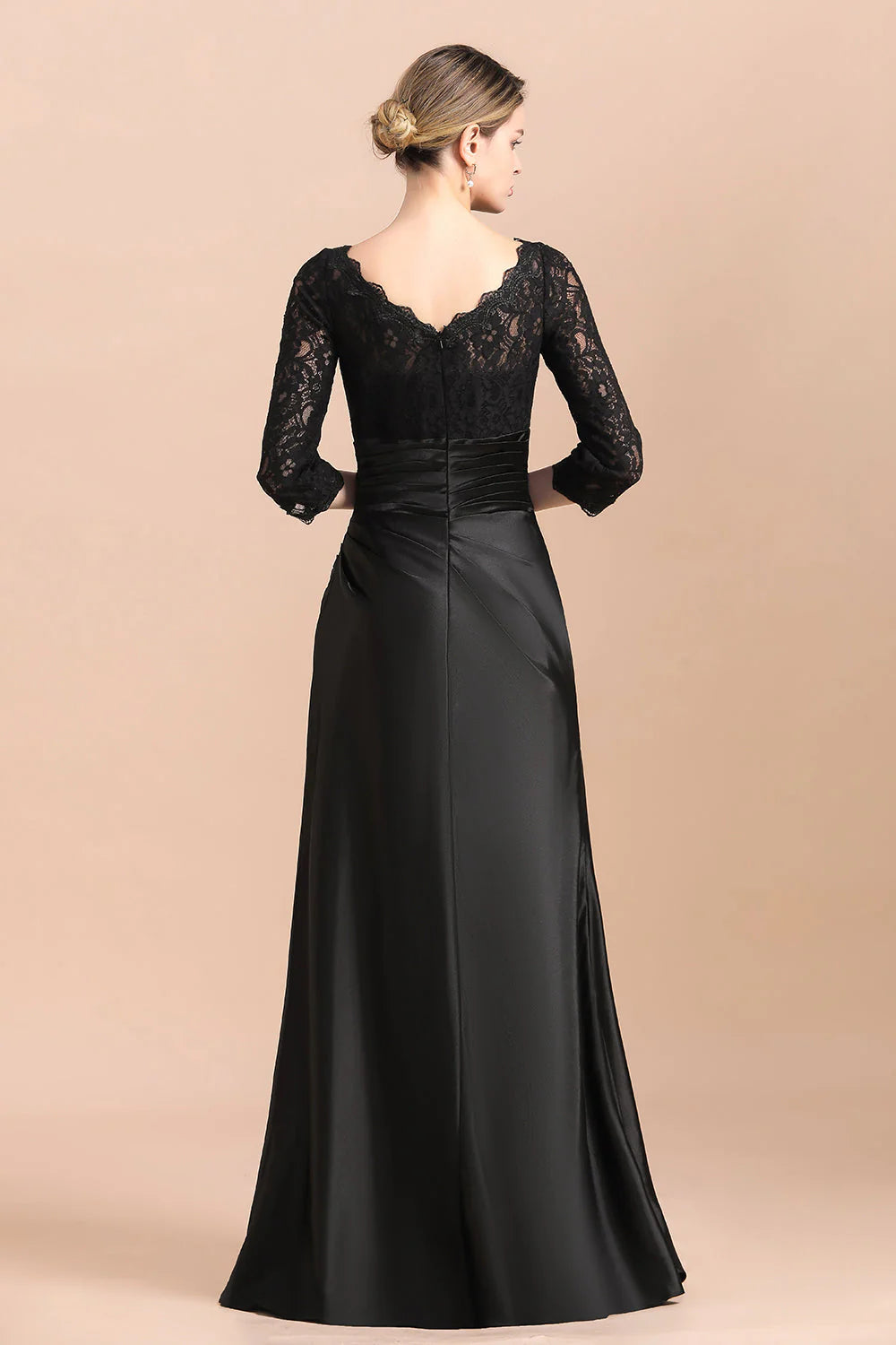 Elegant Jewel 3/4 Sleeves Black Satin Floor-length Lace Ruffles Mother of Bride Dress