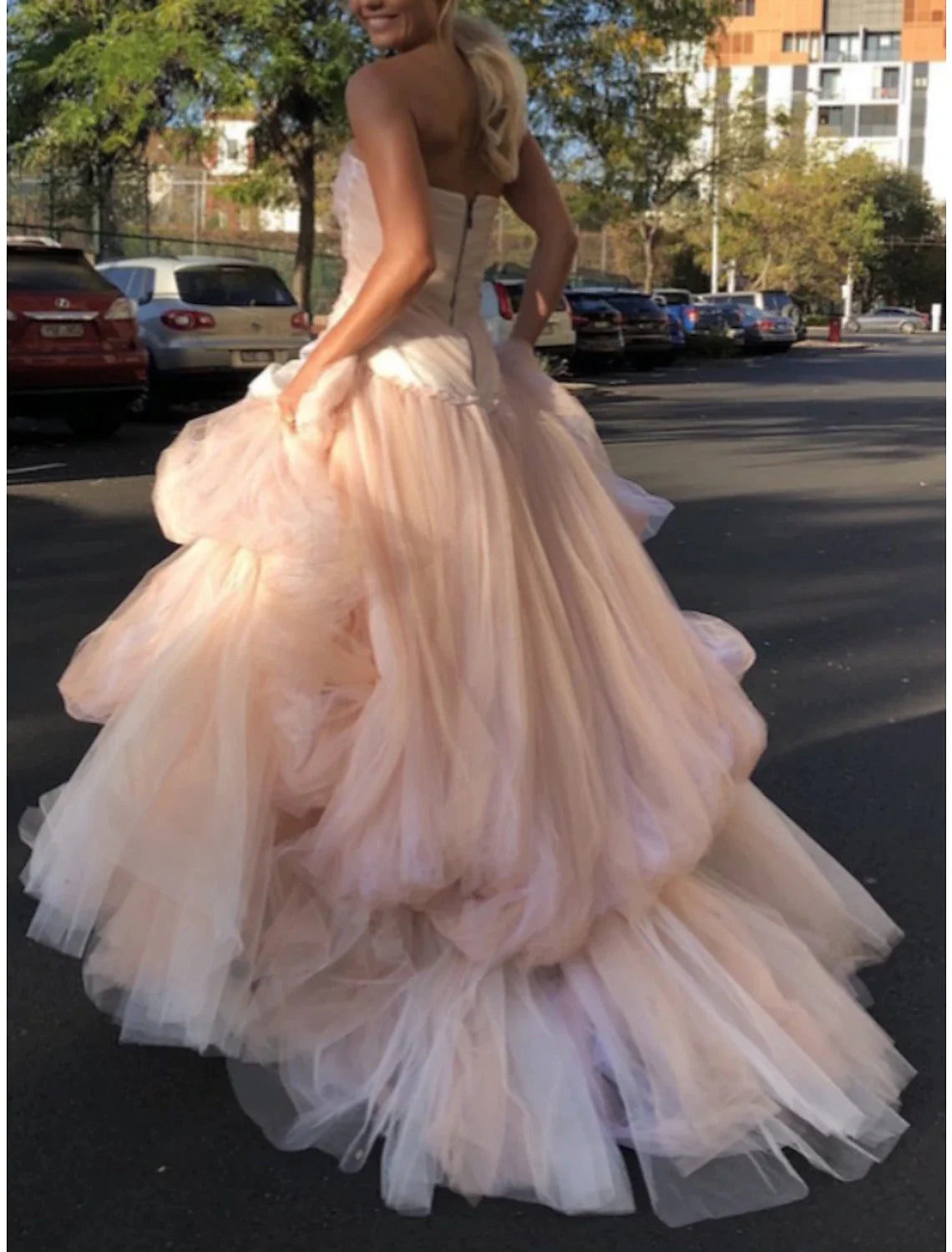 A-Line Evening Gown Elegant Dress Formal Court Train Sleeveless Strapless Tulle with Pleats Ruched