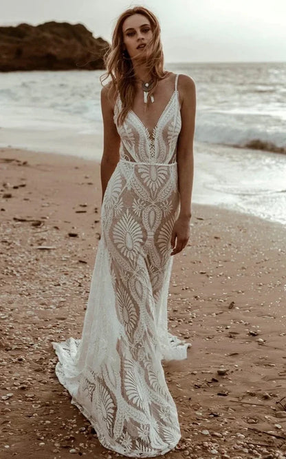 Beach Floral Mermaid V-Neck Plunging Boho Lace Wedding Dress Vintage With Court Train