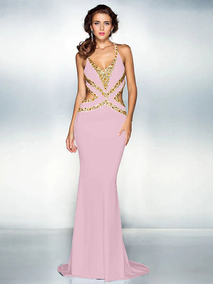 Mermaid / Trumpet Sparkle Dress Wedding Guest Sweep / Brush Train Sleeveless V Neck Jersey Crisscross Back with Crystals