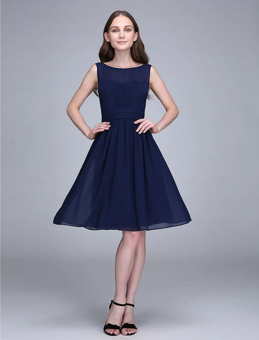 A-Line Bridesmaid Dress Jewel Neck Sleeveless Knee Length Chiffon with Ruched