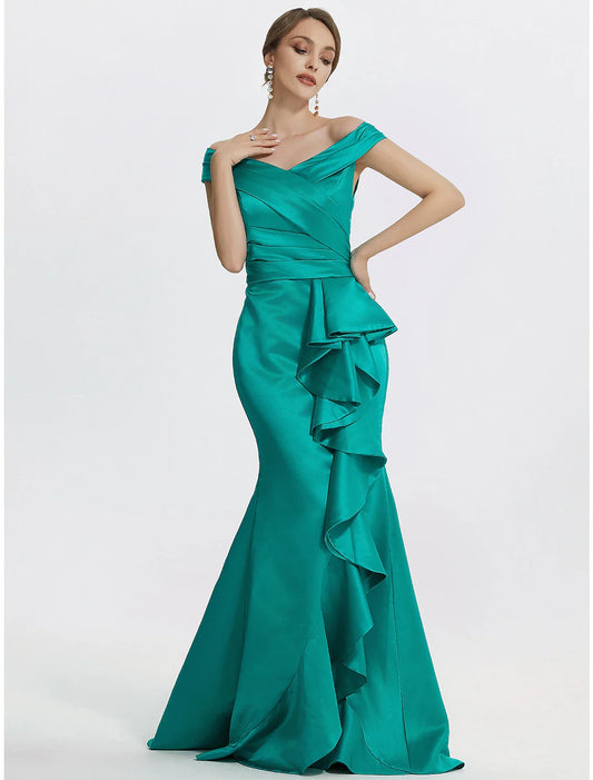 Sheath / Column Evening Gown Elegant Dress Formal Floor Length Sleeveless Off Shoulder Satin with Ruffles