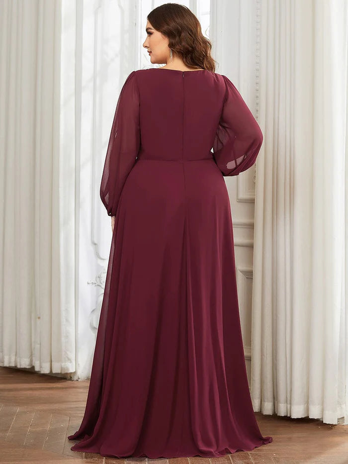 Burgundy Elegant Chiffon V-Neckline Long Sleeve Formal Evening Dress Chiffon Mother of the Bride Dresse