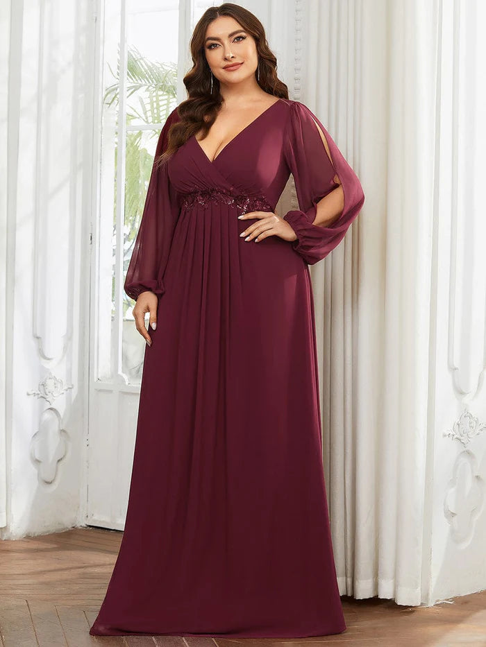 Burgundy Elegant Chiffon V-Neckline Long Sleeve Formal Evening Dress Chiffon Mother of the Bride Dresse