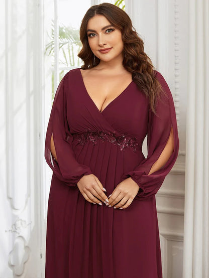 Burgundy Elegant Chiffon V-Neckline Long Sleeve Formal Evening Dress Chiffon Mother of the Bride Dresse