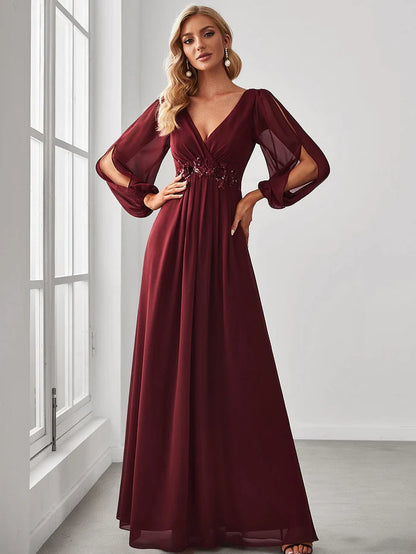 Burgundy Elegant Chiffon V-Neckline Long Sleeve Formal Evening Dress Chiffon Mother of the Bride Dresse