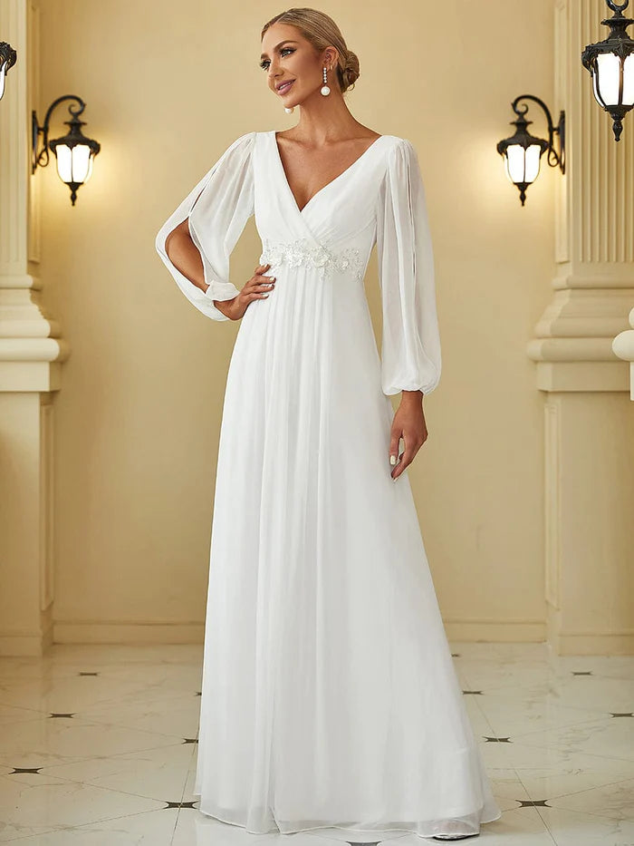 Cream Elegant Chiffon V-Neckline Long Sleeve Formal Evening Dress Chiffon Mother of the Bride Dresse