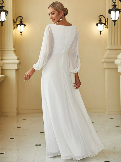 Cream Elegant Chiffon V-Neckline Long Sleeve Formal Evening Dress Chiffon Mother of the Bride Dresse