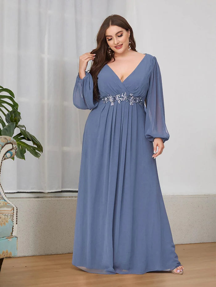 Dusty Navy Elegant Chiffon V-Neckline Long Sleeve Formal Evening Dress Chiffon Mother of the Bride Dresse