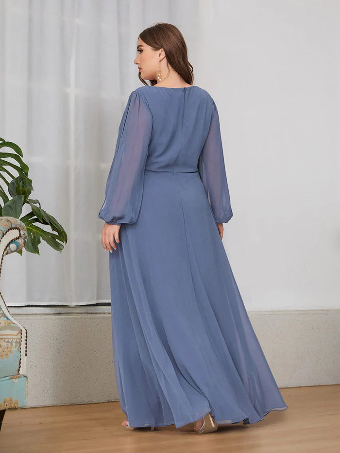 Dusty Navy Elegant Chiffon V-Neckline Long Sleeve Formal Evening Dress Chiffon Mother of the Bride Dresse