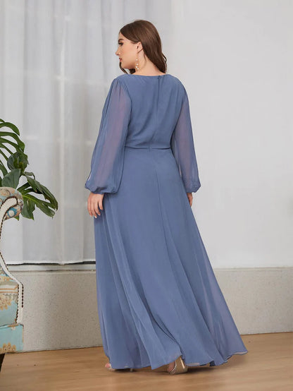 Dusty Navy Elegant Chiffon V-Neckline Long Sleeve Formal Evening Dress Chiffon Mother of the Bride Dresse