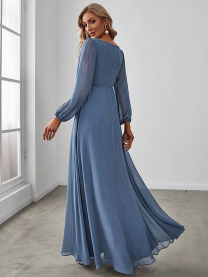 Dusty Navy Elegant Chiffon V-Neckline Long Sleeve Formal Evening Dress Chiffon Mother of the Bride Dresse