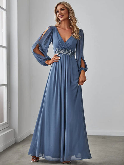 Dusty Navy Elegant Chiffon V-Neckline Long Sleeve Formal Evening Dress Chiffon Mother of the Bride Dresse