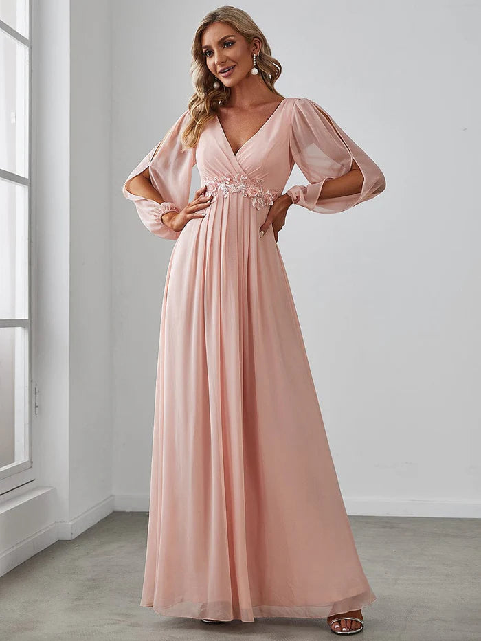 Pink Elegant Chiffon V-Neckline Long Sleeve Formal Evening Dress Chiffon Mother of the Bride Dresse