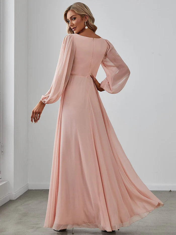 Pink Elegant Chiffon V-Neckline Long Sleeve Formal Evening Dress Chiffon Mother of the Bride Dresse