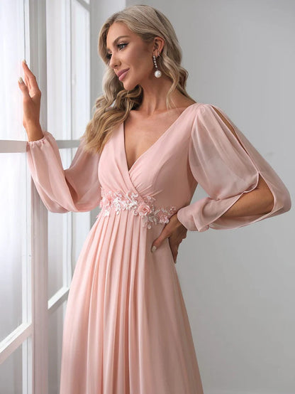 Pink Elegant Chiffon V-Neckline Long Sleeve Formal Evening Dress Chiffon Mother of the Bride Dresse