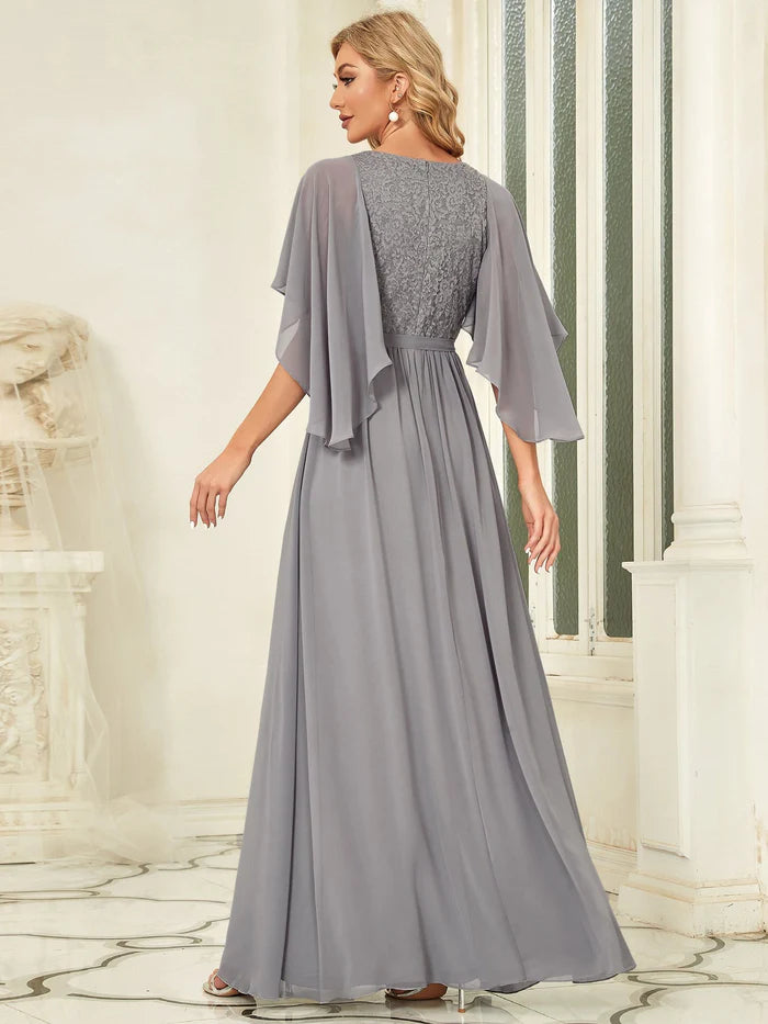 Grey Deep V Neck Lace Bodice Long Flowy Evening Dress Chiffon Mother of the Bride Dresses