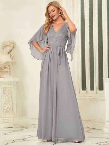 Grey Deep V Neck Lace Bodice Long Flowy Evening Dress Chiffon Mother of the Bride Dresses