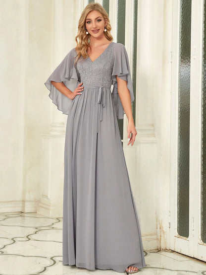 Grey Deep V Neck Lace Bodice Long Flowy Evening Dress Chiffon Mother of the Bride Dresses