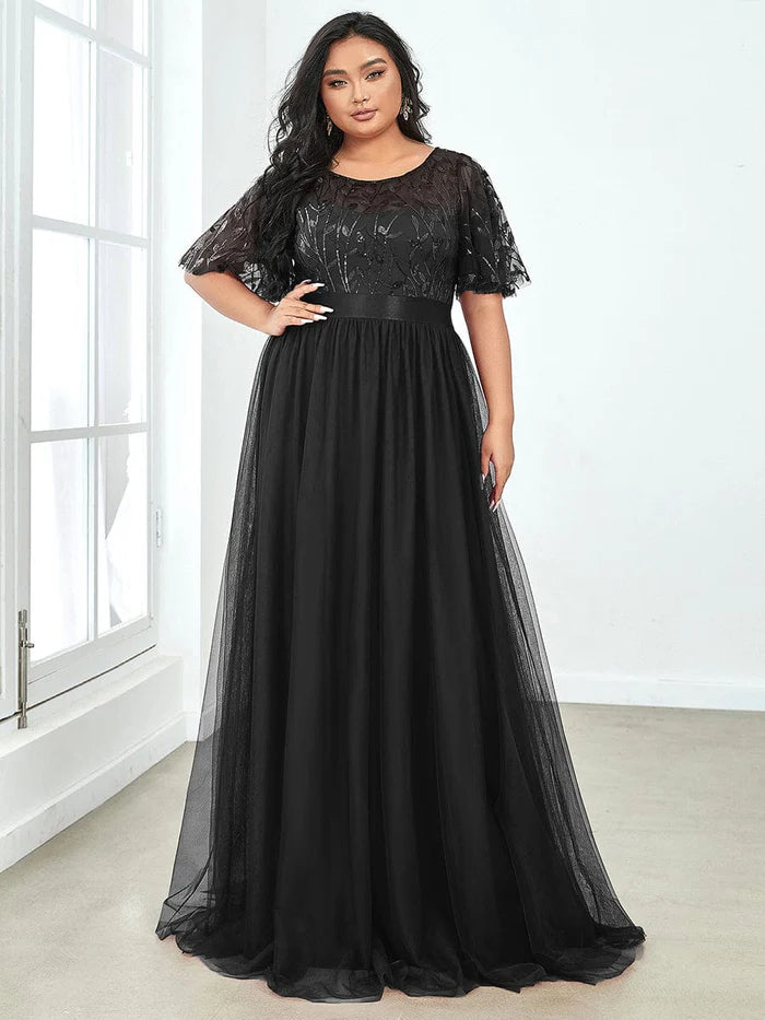 Plus Size Sequin Bodice Long Formal Evening Dresses Mother of the Bride Dresses