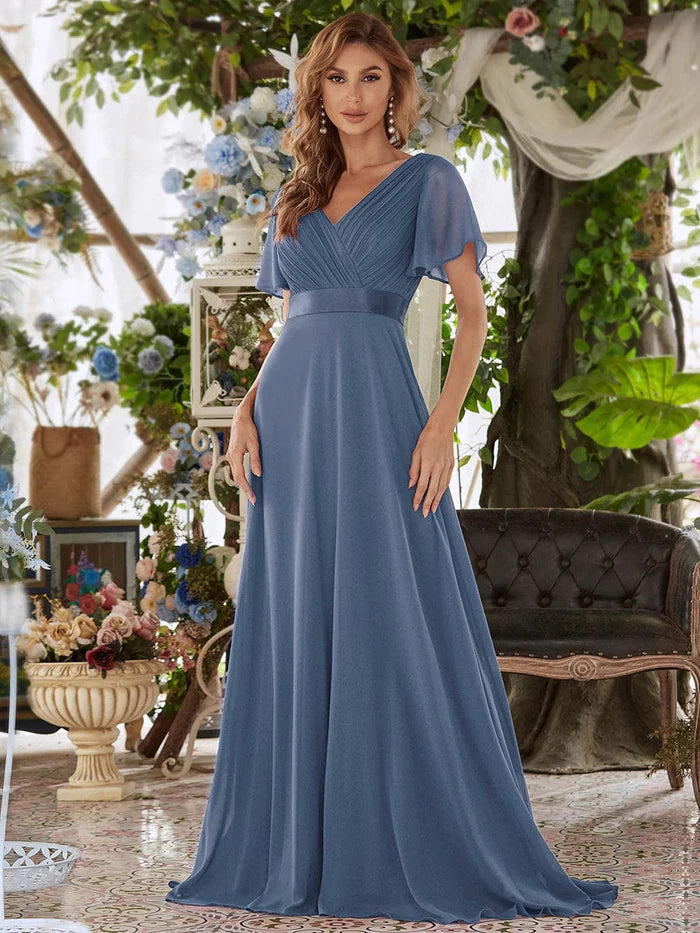 Long Chiffon Empire Waist Bridesmaid Dress with Short Flutter Sleeves