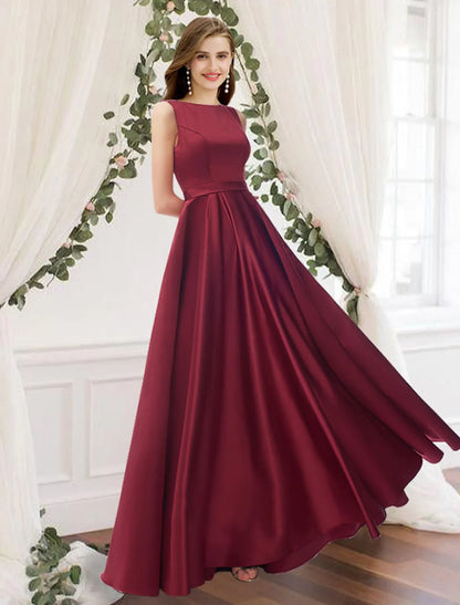 Bridesmaid Dress Jewel Neck Sleeveless Elegant Floor Length Charmeuse with Pleats