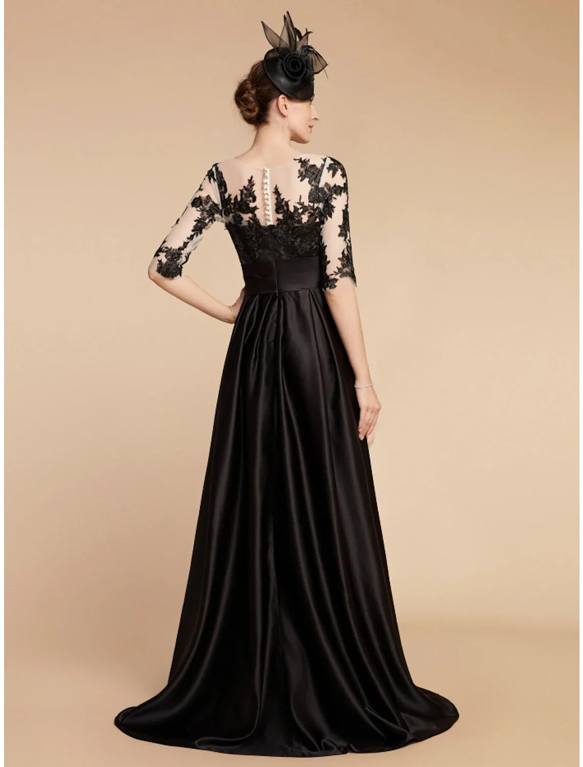 A-Line Mother of the Bride Dress Wedding Guest Elegant Party Jewel Neck Sweep / Brush Train Satin Lace Half Sleeve with Split Front Ruching Solid Color