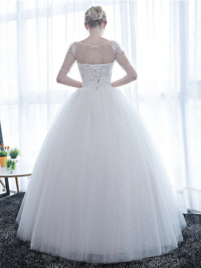 Engagement Formal Wedding Dresses Floor Length Ball Gown Half Sleeve Illusion Neck Satin With Lace