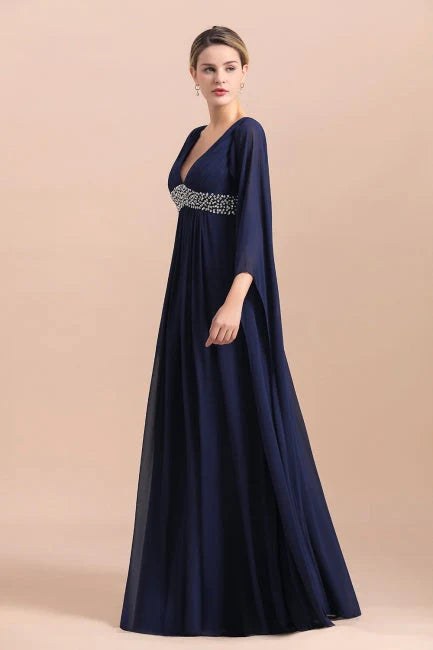 Navy Long Sleeve Floor-length Chiffon Mother Of the Bride Dress With Ruffles Online