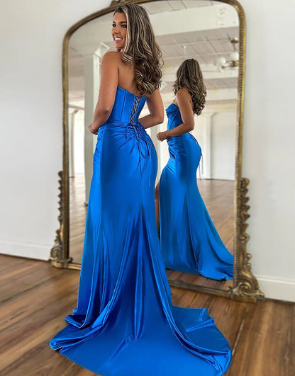 Royal Blue Mermaid Strapless Satin Long Prom Dress With Slit