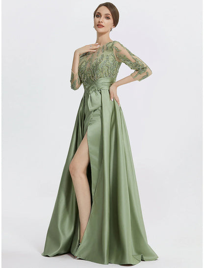 A-Line Evening Gown Elegant Dress Formal Floor Length 3/4 Length Sleeve Jewel Neck Satin with Slit Embroidery Appliques